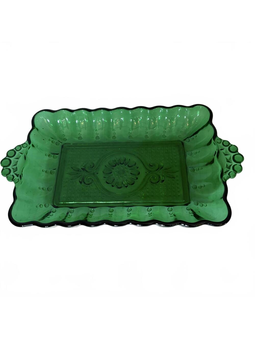 Vintage Anchor Hocking green glass relish dish with hobnail handles.